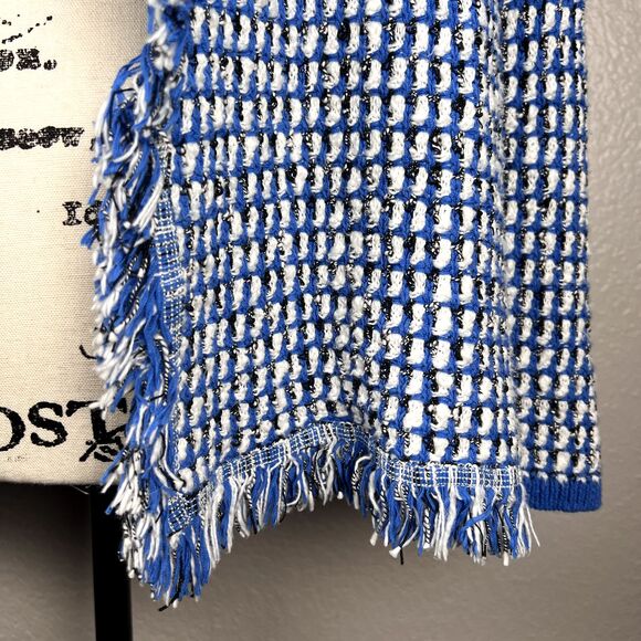 Kasper Sz L Open Cardigan Sweater Cabana Blue White Black Seed Stitch Fringe - Picture 4 of 12